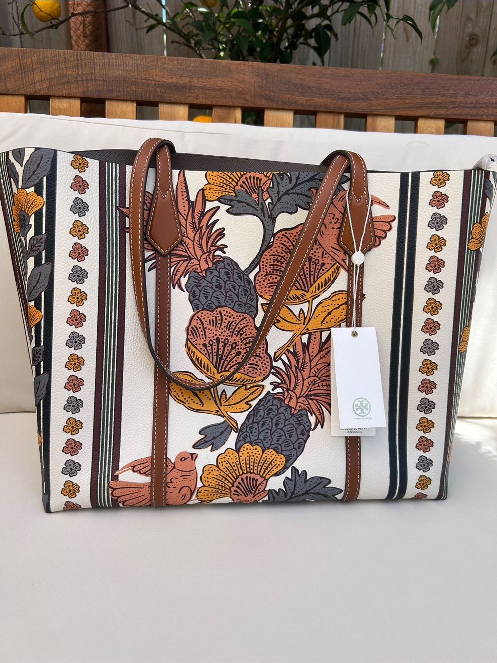 Tory Burch Floral Perry Tote in Cream, Brown and Mustard